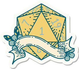 sticker of a natural one d20 dice roll