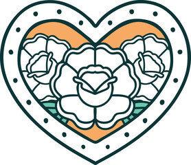 iconic tattoo style image of a heart and flowers