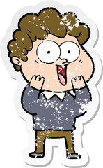 distressed sticker of a cartoon happy man
