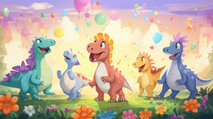 Obraz na płótnie Canvas The dinosaur friends stumble upon a field of flowers and have a joyful dance party.