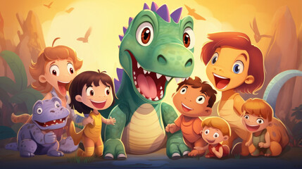 Obraz na płótnie Canvas A group of children gather around a television, eagerly watching their favorite dinosaur cartoon.