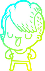 cold gradient line drawing of a cute cartoon girl with hipster haircut