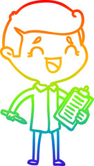 rainbow gradient line drawing of a cartoon laughing man with clip board