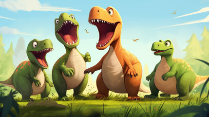 The Dino Squad meets a friendly TRex who becomes their mentor, teaching them valuable lessons about bravery and strength. - obrazy, fototapety, plakaty