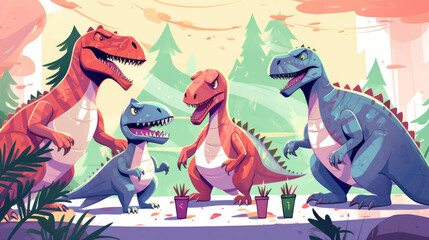 In a heated discussion, the Dino Squad comes to a consensus and together they vow to protect the magical treasure, ensuring it doesnt fall into the wrong hands. - obrazy, fototapety, plakaty