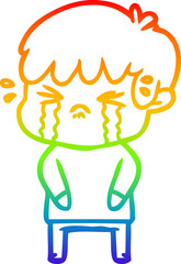 rainbow gradient line drawing of a cartoon boy crying