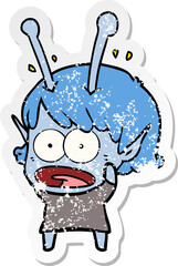 distressed sticker of a cartoon shocked alien girl