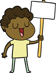 laughing cartoon man with black signpost