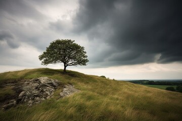 Solitary tree atop hill amidst cloudy sky. Generative AI