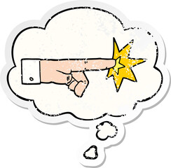 cartoon pointing hand with thought bubble as a distressed worn sticker