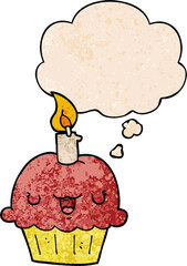 cartoon cupcake with thought bubble in grunge texture style