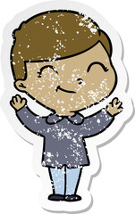 distressed sticker of a cartoon boy smiling
