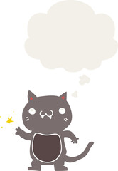 cartoon cat scratching with thought bubble in retro style