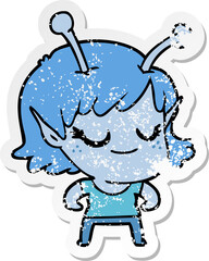 distressed sticker of a smiling alien girl cartoon