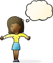 cartoon woman shrugging shoulders with thought bubble