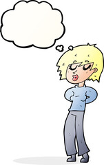 cartoon woman whistling with thought bubble