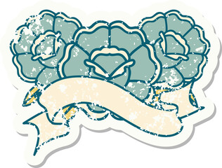 worn old sticker with banner of a bouquet of flowers