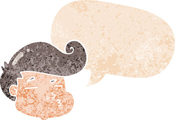 cartoon boy's face with speech bubble in grunge distressed retro textured style