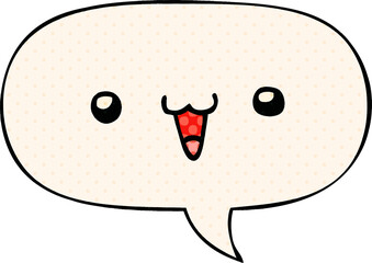cute happy face cartoon with speech bubble in comic book style