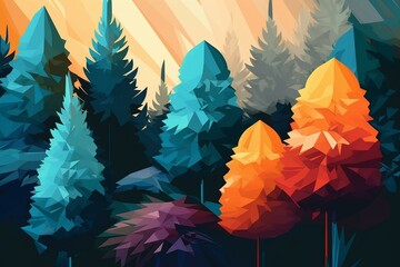 Fototapeta na wymiar Colorful illustration showing a vibrant group of spruces with lush needles against round shapes. Generative AI