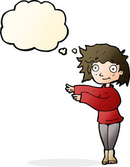 cartoon dancing woman with thought bubble