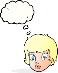 cartoon surprised female face with thought bubble