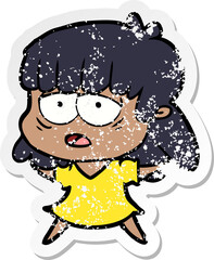 distressed sticker of a cartoon tired woman