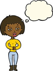 cartoon tired woman with thought bubble