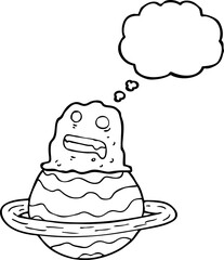 freehand drawn thought bubble cartoon alien on planet