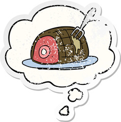cartoon cooked beef with thought bubble as a distressed worn sticker