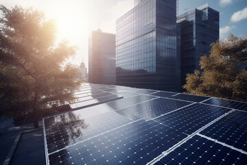 Illustration: modern solar panels on roof in city district with bright sun through trees. Generative AI - obrazy, fototapety, plakaty