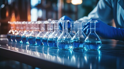 Close-up of blue liquid in laboratory flasks on a shelf in a research facility