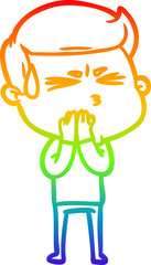 rainbow gradient line drawing of a cartoon man sweating