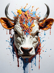The head of a beautiful cow that is dripping with different colors