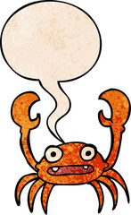 cartoon crab with speech bubble in retro texture style