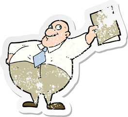 retro distressed sticker of a cartoon happy boss with file