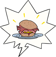 cartoon amazingly tasty bacon breakfast sandwich with cheese with speech bubble
