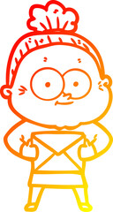 warm gradient line drawing of a cartoon happy old woman