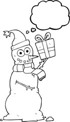 freehand drawn thought bubble cartoon snowman holding present