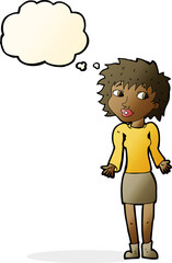 cartoon woman shrugging shoulders with thought bubble