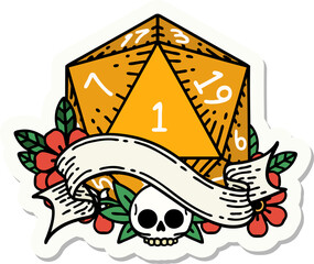 sticker of a natural one d20 dice roll