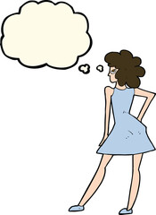 cartoon woman posing in dress with thought bubble