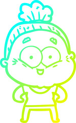 cold gradient line drawing of a cartoon happy old woman