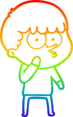 rainbow gradient line drawing of a cartoon curious boy