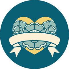 iconic tattoo style image of a heart and banner with flowers
