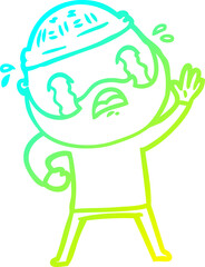 cold gradient line drawing of a cartoon bearded man waving and crying