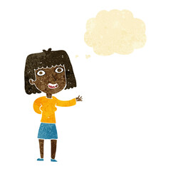 cartoon friendly woman waving with thought bubble
