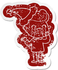quirky cartoon distressed sticker of a man crying wearing santa hat