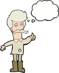 cartoon old man in poor clothes with thought bubble