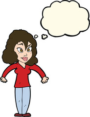 cartoon woman shrugging shoulders with thought bubble